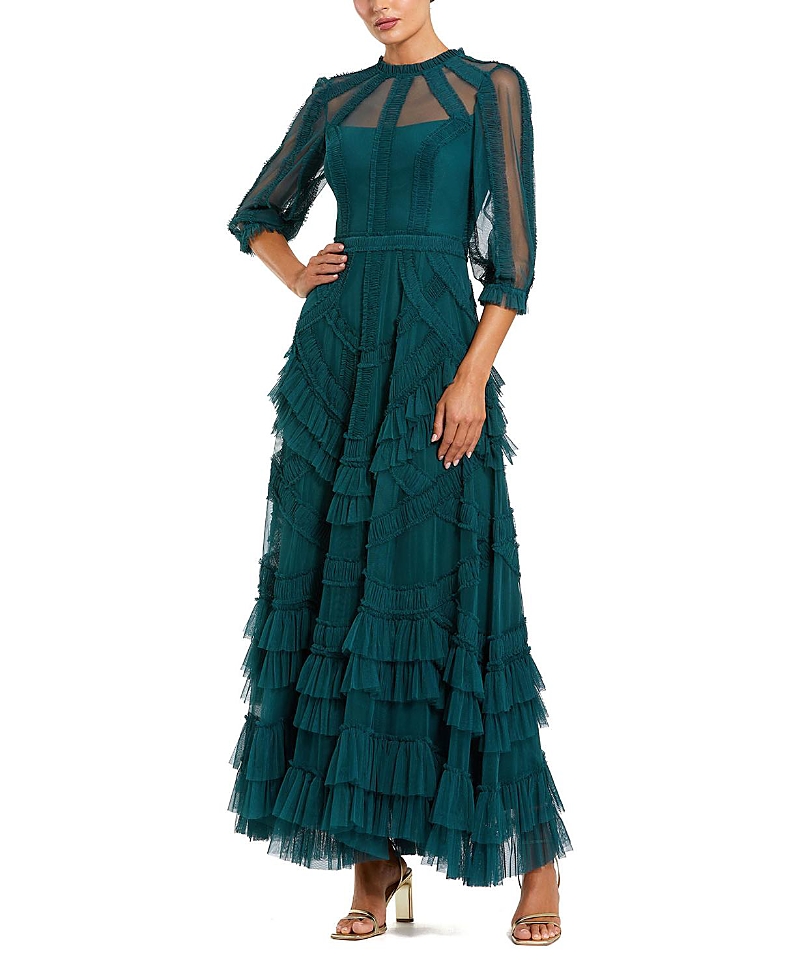 Mac Duggal 3/4 Puff Sleeve Mesh Mirco Ruffle Gown