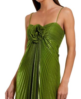 Thin Strap Pleated Metallic Gown with 3D Flower