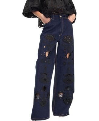 Embroidered Wide Leg Jeans in Dark Wash