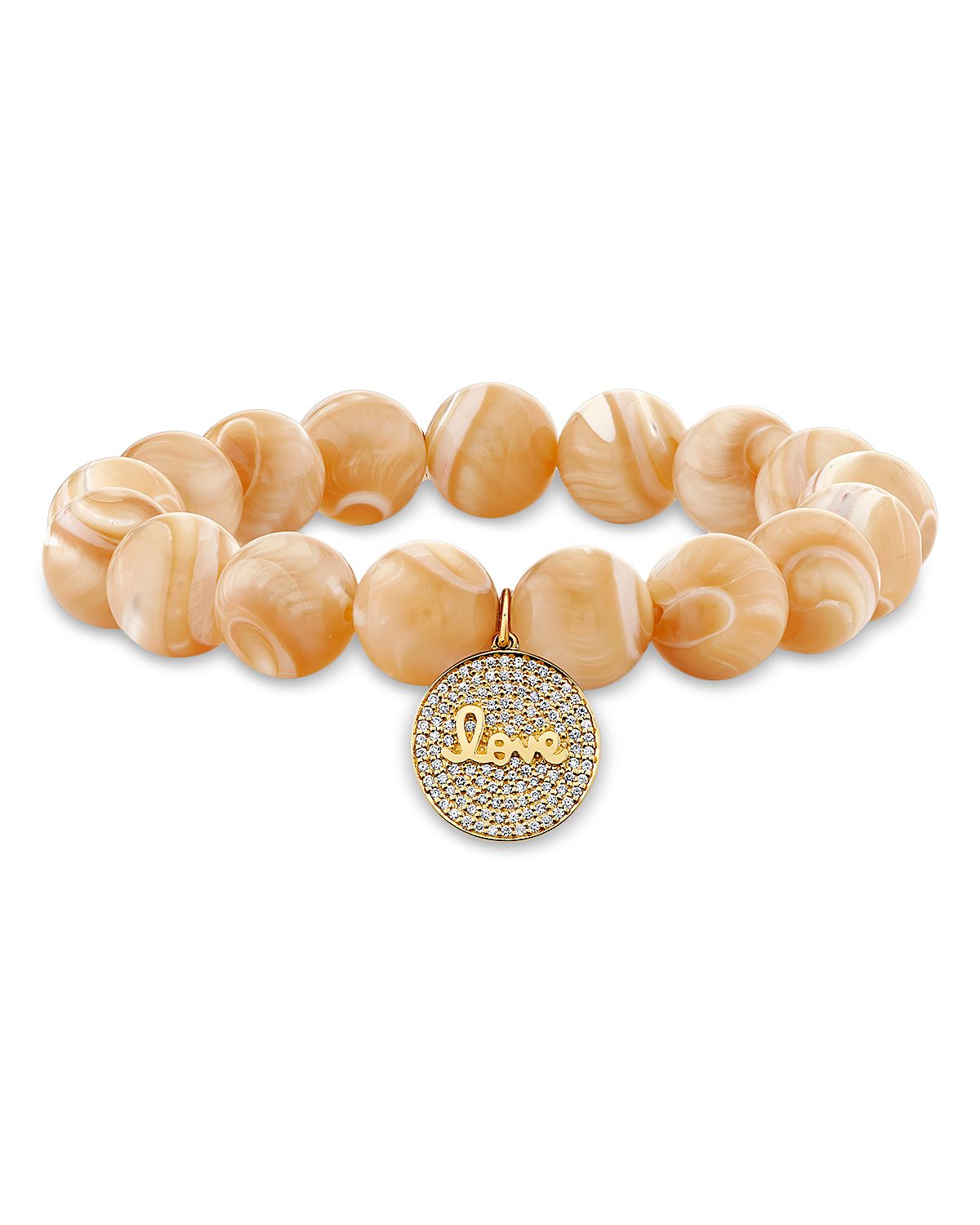 Sydney Evan 14K Yellow Gold Tan Mother of Pearl Bead & Diamond Pave Love Script Disc Dangle Stretch Bracelet