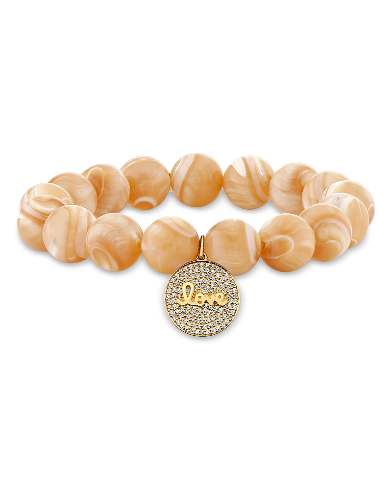 Sydney Evan 14K Yellow Gold Tan Mother of Pearl Bead & Diamond Pave Love Script Disc Dangle Stretch Bracelet