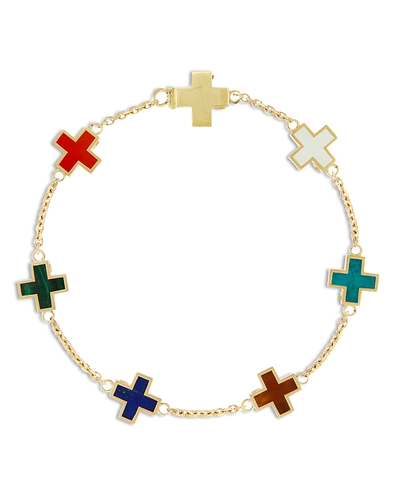 Luis Morais Men's 14K Yellow Gold Deeper Journey Multi Gemstone Cross Chain Bracelet