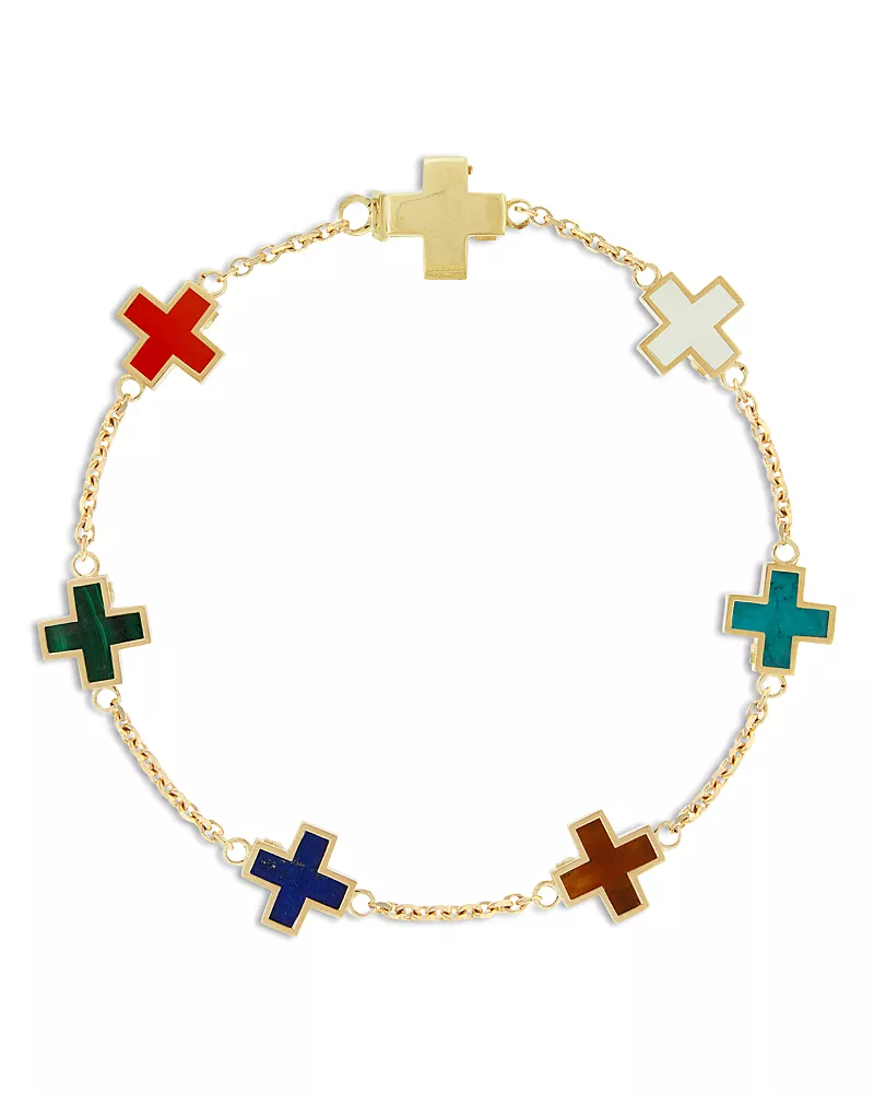 Luis Morais Men's 14K Yellow Gold Deeper Journey Multi Gemstone Cross Chain Bracelet