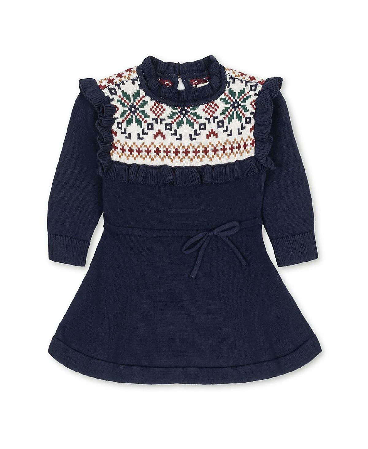 Hope & Henry Girls' Organic Ruffle Collar Fair Isle Yoke Sweater Dress - Baby, Little Kid, Big Kid