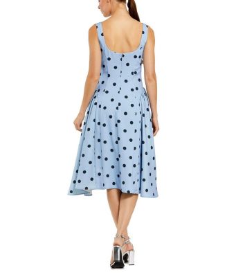 Polka Dot A-Line Midi Dress with Square Neck and Ruffle Gussets