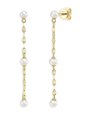 14K Yellow Gold Cultured Pearl Sparkle Chain Earrings