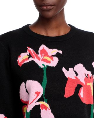 Long Sleeved Flower Jacquard Crewneck Pullover Sweater