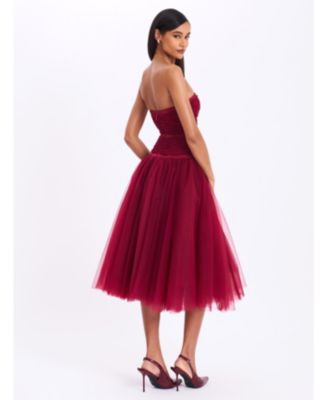  Mabel Drop Waist Layered Mesh Midi Puffy Dress with Bow