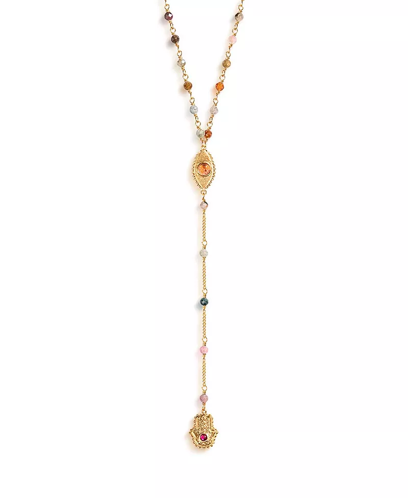 Karma and Luck Benevolent Spirit - Tourmaline Evil Eye Hamsa Lariat Necklace