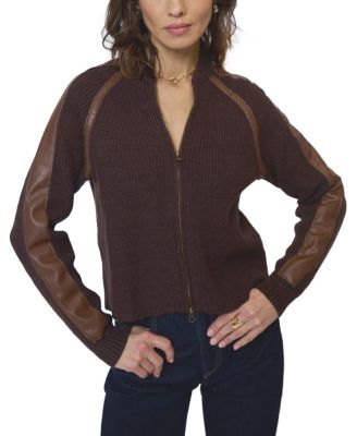 Central Park West Women's Atlas Raglan Leather Trim Zip Up Sweater In Brown