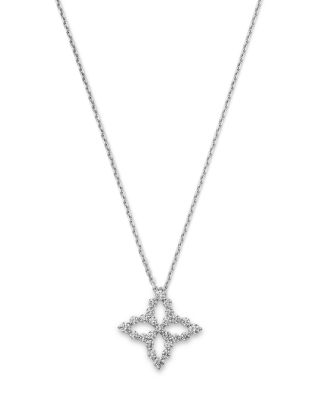 18K White Gold Diamond Outline Diamond Flower Silhouette Pendant Necklace, 16-18"