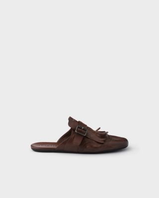 Men's Shuffle Antiqued Leather Mules with Buckled Strap and Fringe