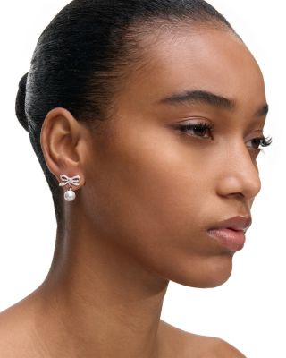 Crystal Bow & Imitation Pearl Drop Earrings