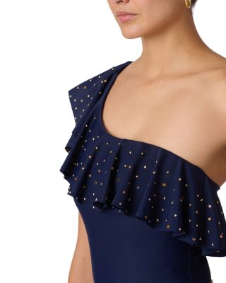 Embellished One Shoulder Ruffle One Piece Swimsuit