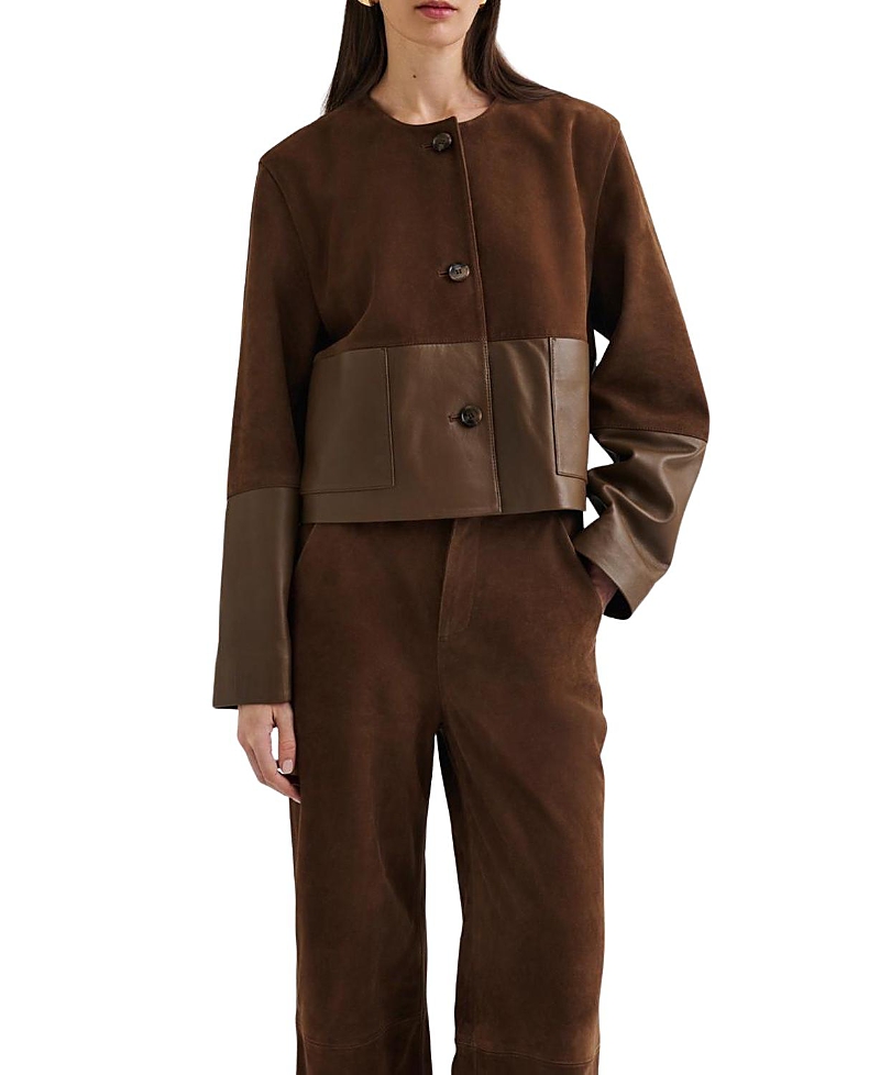 Malina Marcie Suede Leather Cropped Jacket In Brown