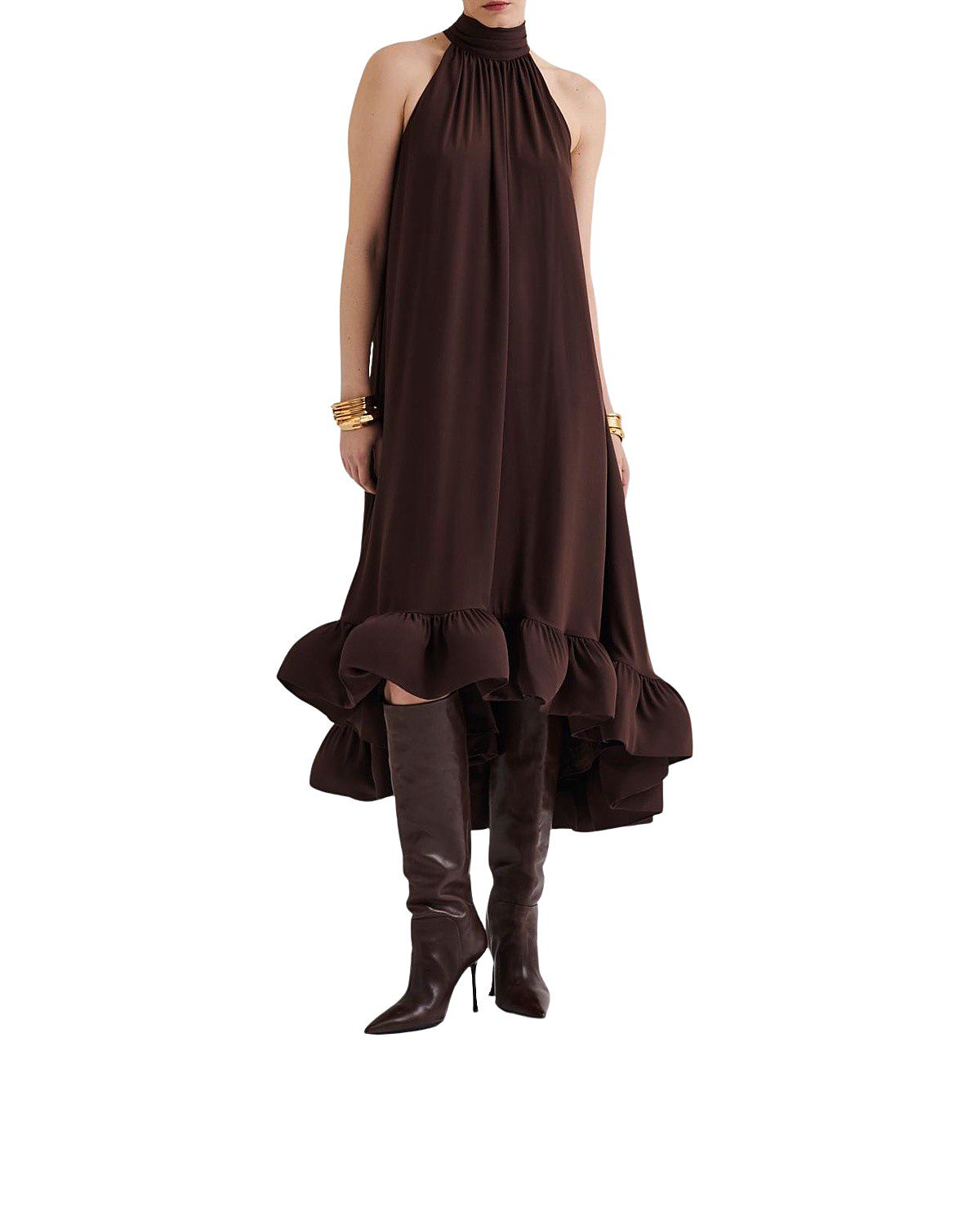 Malina Sabrina Halterneck Ruffled Maxi Dress