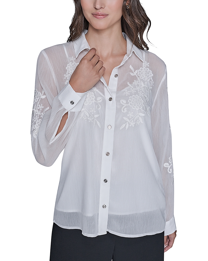 Karl Lagerfeld Paris Long Sleeve Embroidered Flower Blouse