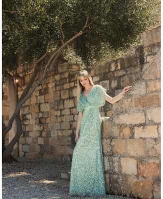 Draped Sleeves Ruched Waist Detail V-Neck Gown