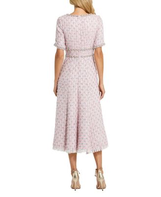  Short Sleeve Beaded Trim Boucle Midi Dress