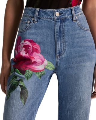 Chic High Rise Full Length Rose Print Jeans in Denver Bright Blue