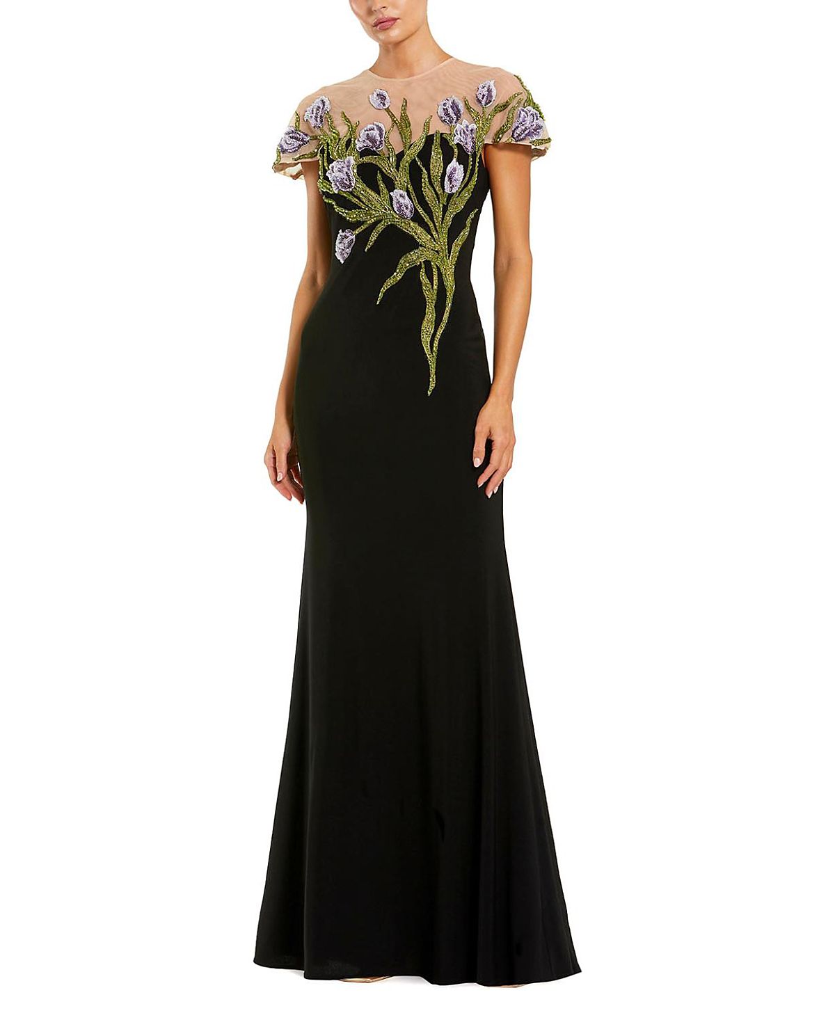 Mac Duggal Petite Jersey Floral Embroidered Illusion Neck Gown