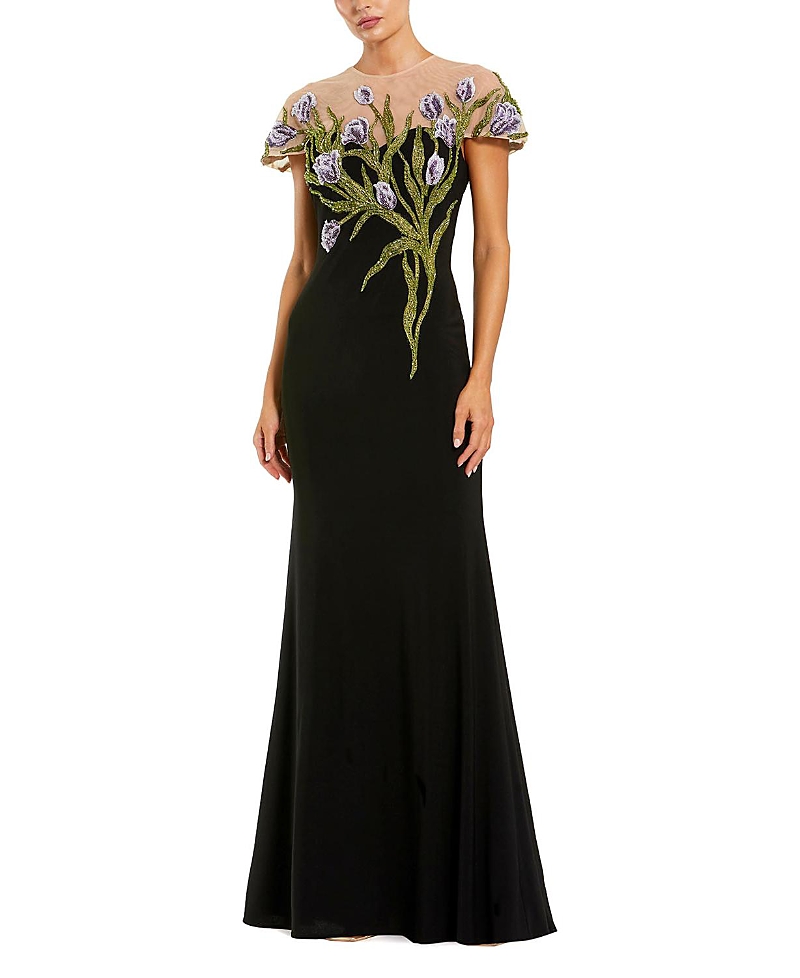 Mac Duggal Petite Jersey Floral Embroidered Illusion Neck Gown