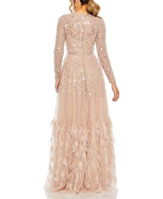  Petite Sequin Feather Trim Evening Gown