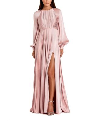  Petite Long Sleeve Pleated High Neck Gown with Slit