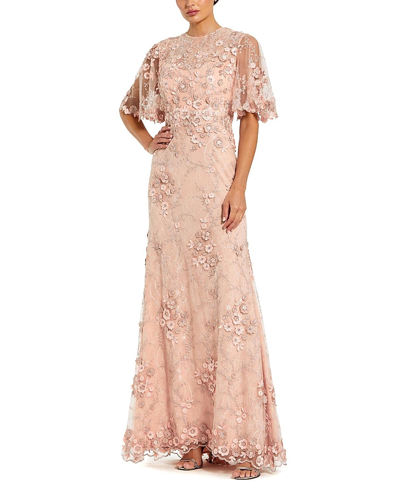 Mac Duggal Petite Flutter Sleeve Floral Embroidered Net Gown