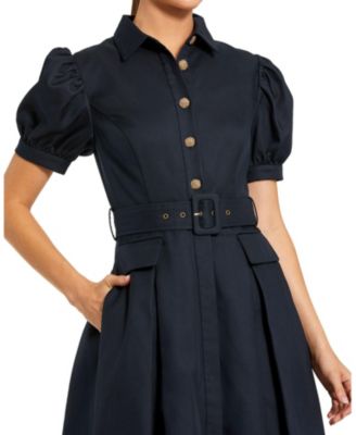  Puff Sleeve Twill Button Up Midi Dress With Belt