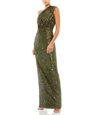  Petite One Shoulder Ruched Sequin Evening Gown