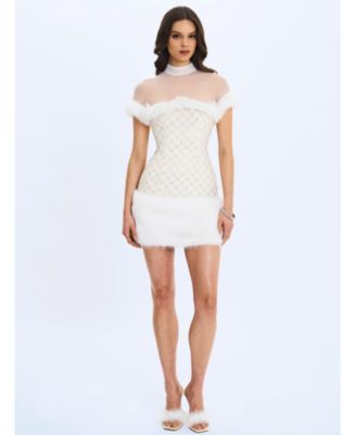  Taylor Faux Fur Trimmed Beaded Boucle Mini Dress