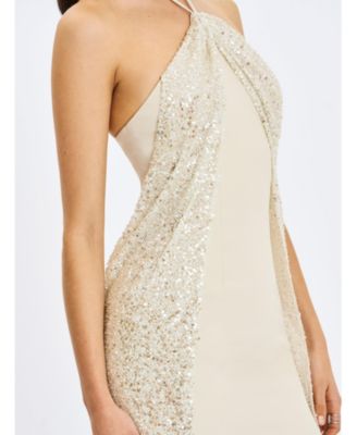  Quimera Beaded Cape Halter Off-Shoulder Maxi Gown