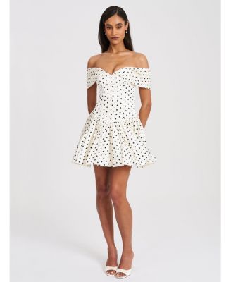  Edeline Polka Dot Off-shoulder Pleated Mini Dress