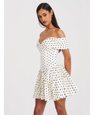 Edeline Polka Dot Off-shoulder Pleated Mini Dress