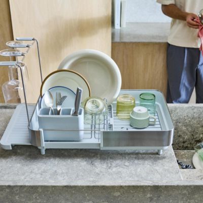 Extend Steel Plus Expandable Dish Rack with Wine Glass Holder - Light Stone