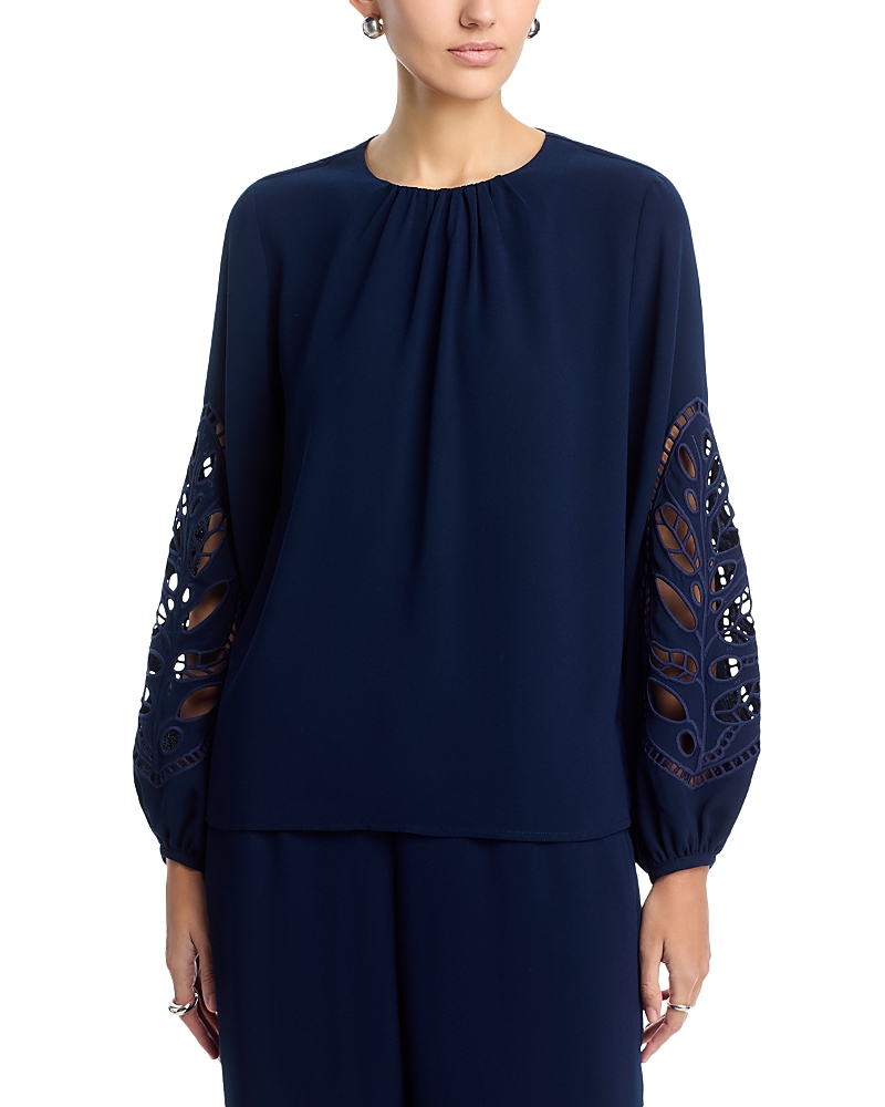 T Tahari Embroidered Sleeve Crewneck Blouse