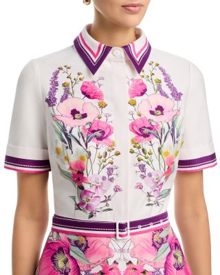 Cotton Shirtwaist Floral Print Stripe Trim Dress