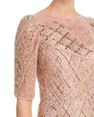 Art Deco Beaded Tulle Elbow Sleeve Gown