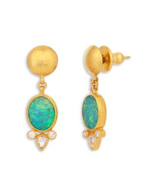 24K Yellow Gold Rune Opal & Diamond Drop Earrings