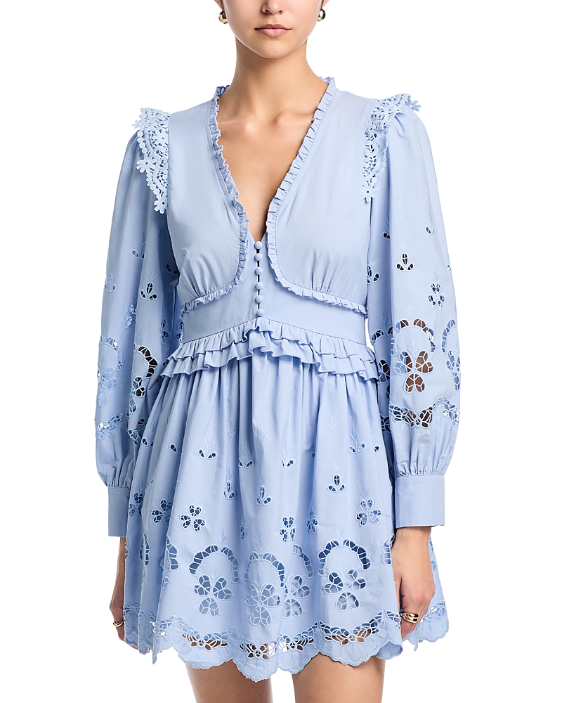 Aqua Embroidered Poplin Long Sleeve Mini Dress - Exclusive