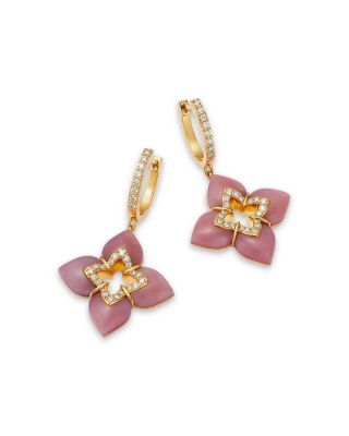 18K Yellow Gold Venetian Princess Cabochon Pink Opal & Diamond Flower Drop Earrings