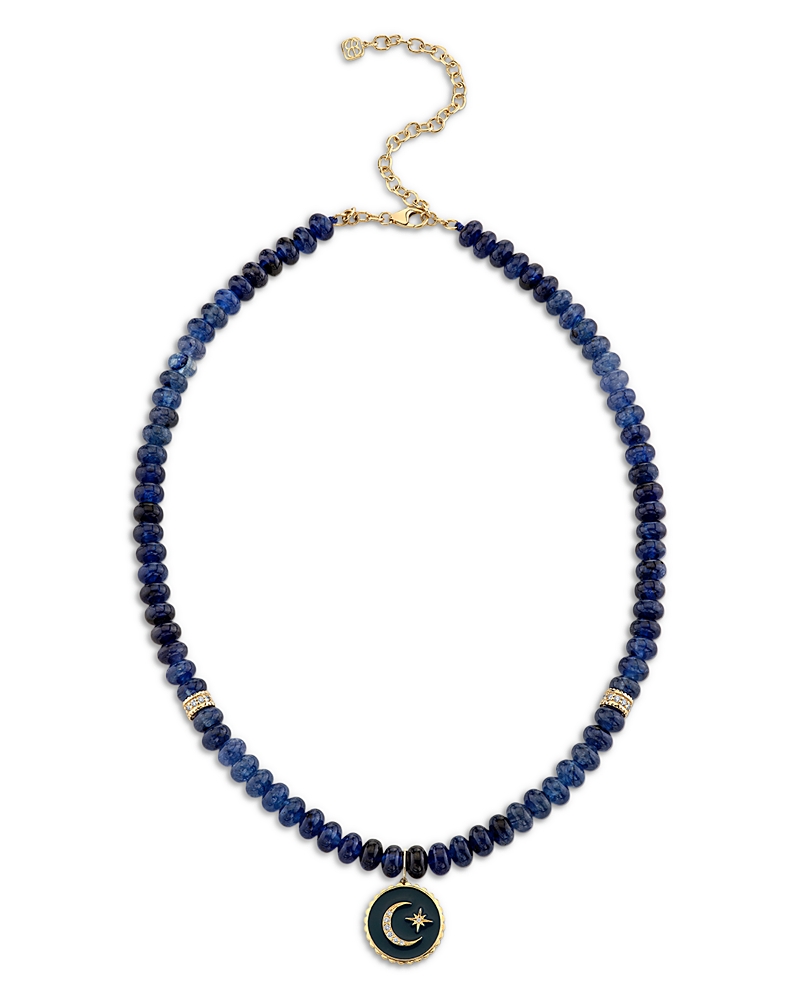 Sydney Evan 14K Yellow Gold Celestial Sapphire Bead & Diamond Moon Charm Pendant Necklace, 17