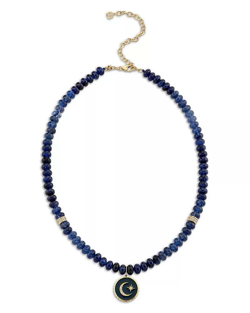 Sydney Evan 14K Yellow Gold Celestial Sapphire Bead & Diamond Moon Charm Pendant Necklace, 17