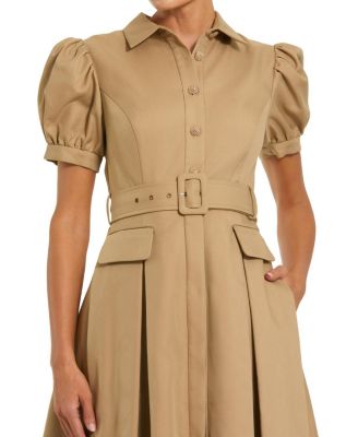  Puff Sleeve Twill Button Up Midi Dress with Belt