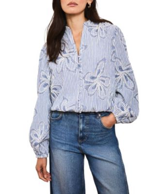  Women's Striped Embroidered Floral Blouse