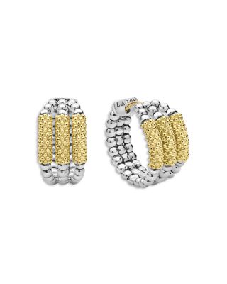 18K Yellow Gold & Sterling Silver Caviar Icon Triple Bar Beaded Hoop Earrings