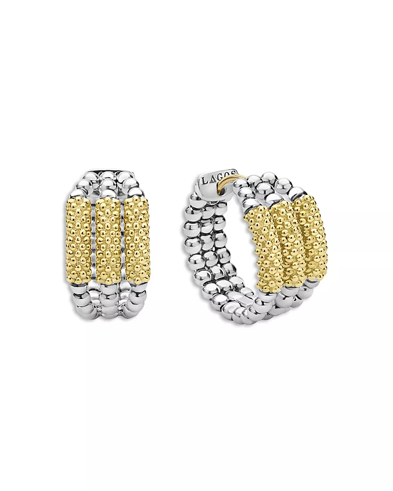 Lagos 18K Yellow Gold & Sterling Silver Caviar Icon Triple Bar Beaded Hoop Earrings