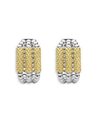 18K Yellow Gold & Sterling Silver Caviar Icon Triple Bar Beaded Hoop Earrings