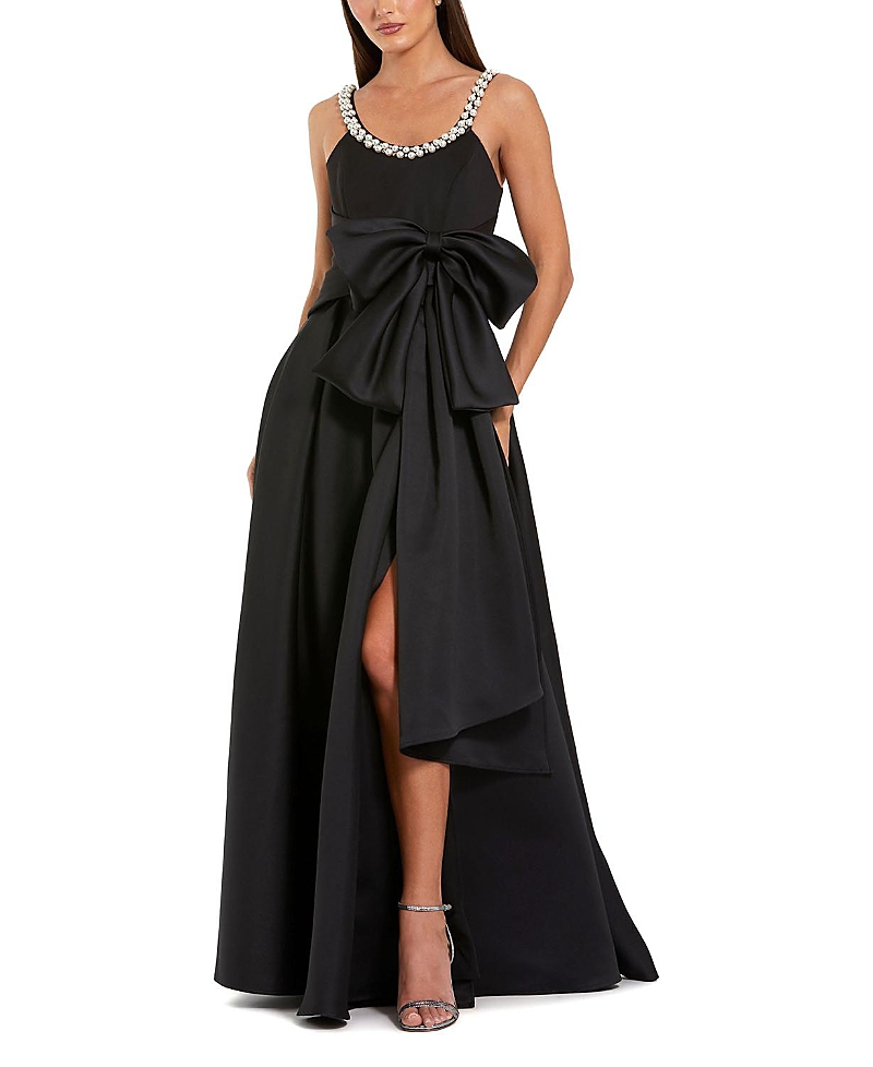 Mac Duggal Petite Satin Gown With Pearl Neckline and Bow Detail